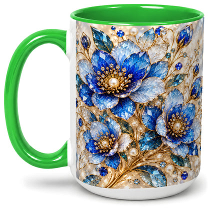#pl[15oz|Green] Blue Floral Art Accent Mug, Ceramic Drinkware for Flower Lovers