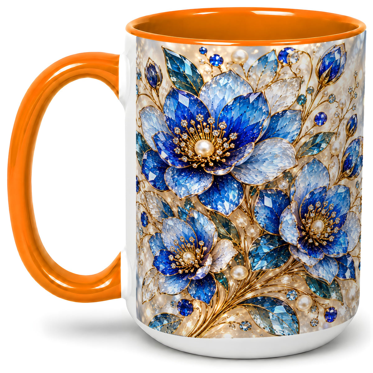 #pl[15oz|Orange] Blue Floral Art Accent Mug, Ceramic Drinkware for Flower Lovers