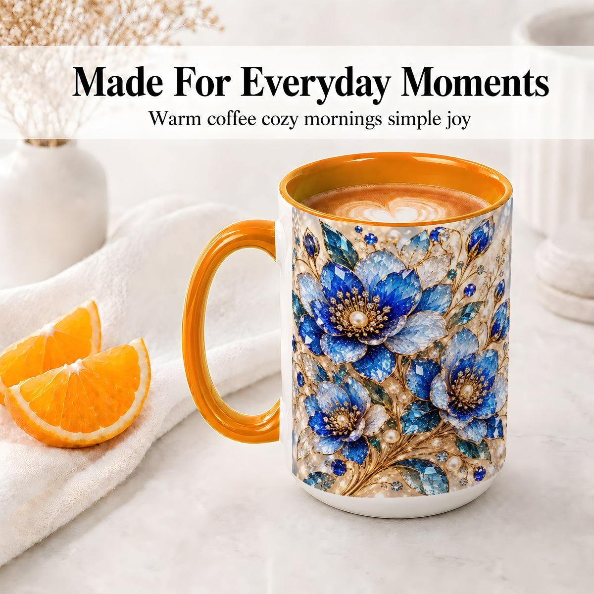 #pl[15oz|Orange] Blue Floral Art Accent Mug, Ceramic Drinkware for Flower Lovers