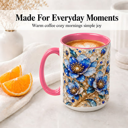 #pl[15oz|Pink] Blue Floral Art Accent Mug, Ceramic Drinkware for Flower Lovers