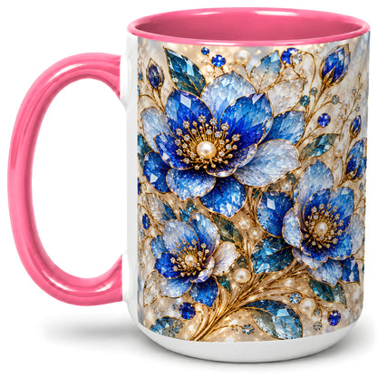 #pl[15oz|Pink] Blue Floral Art Accent Mug, Ceramic Drinkware for Flower Lovers