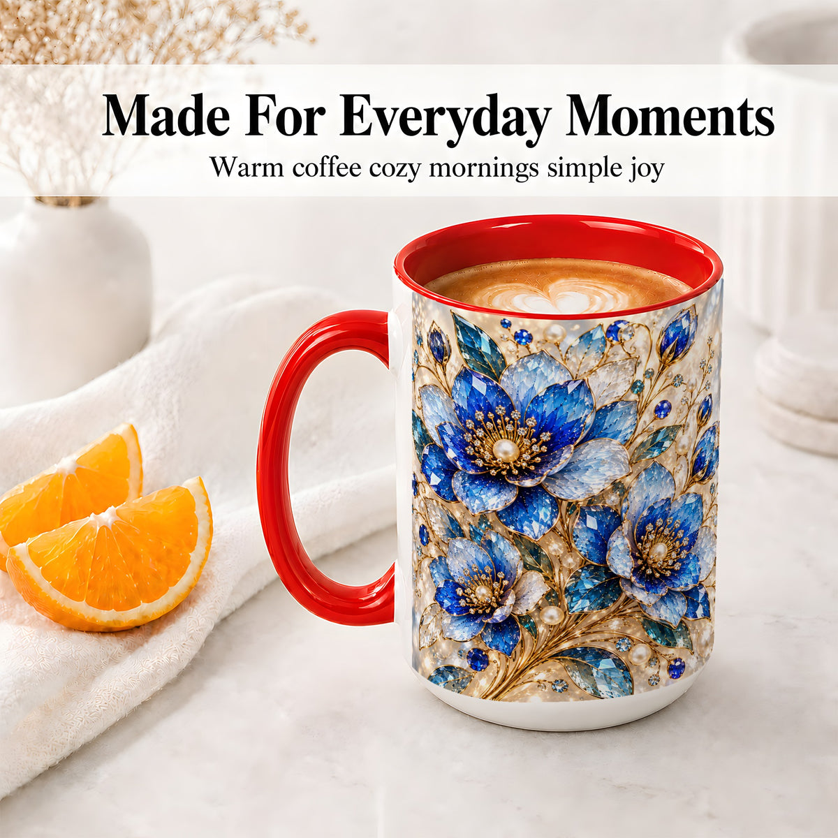 #pl[15oz|Red] Blue Floral Art Accent Mug, Ceramic Drinkware for Flower Lovers
