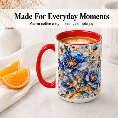#pl[15oz|Red] Blue Floral Art Accent Mug, Ceramic Drinkware for Flower Lovers