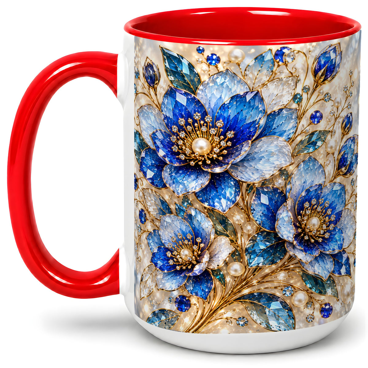 #pl[15oz|Red] Blue Floral Art Accent Mug, Ceramic Drinkware for Flower Lovers