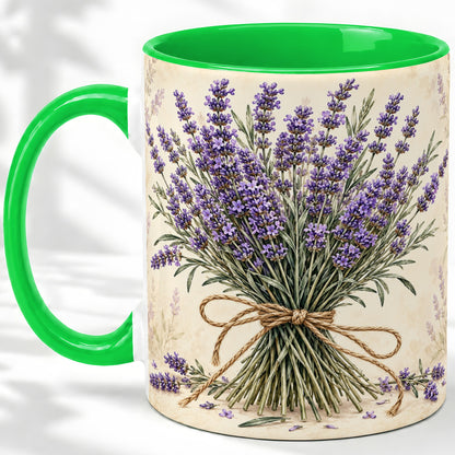 #pl[11oz|Green] Lavender Bouquet Accent Mug, Ceramic Drinkware for Lavender Lovers