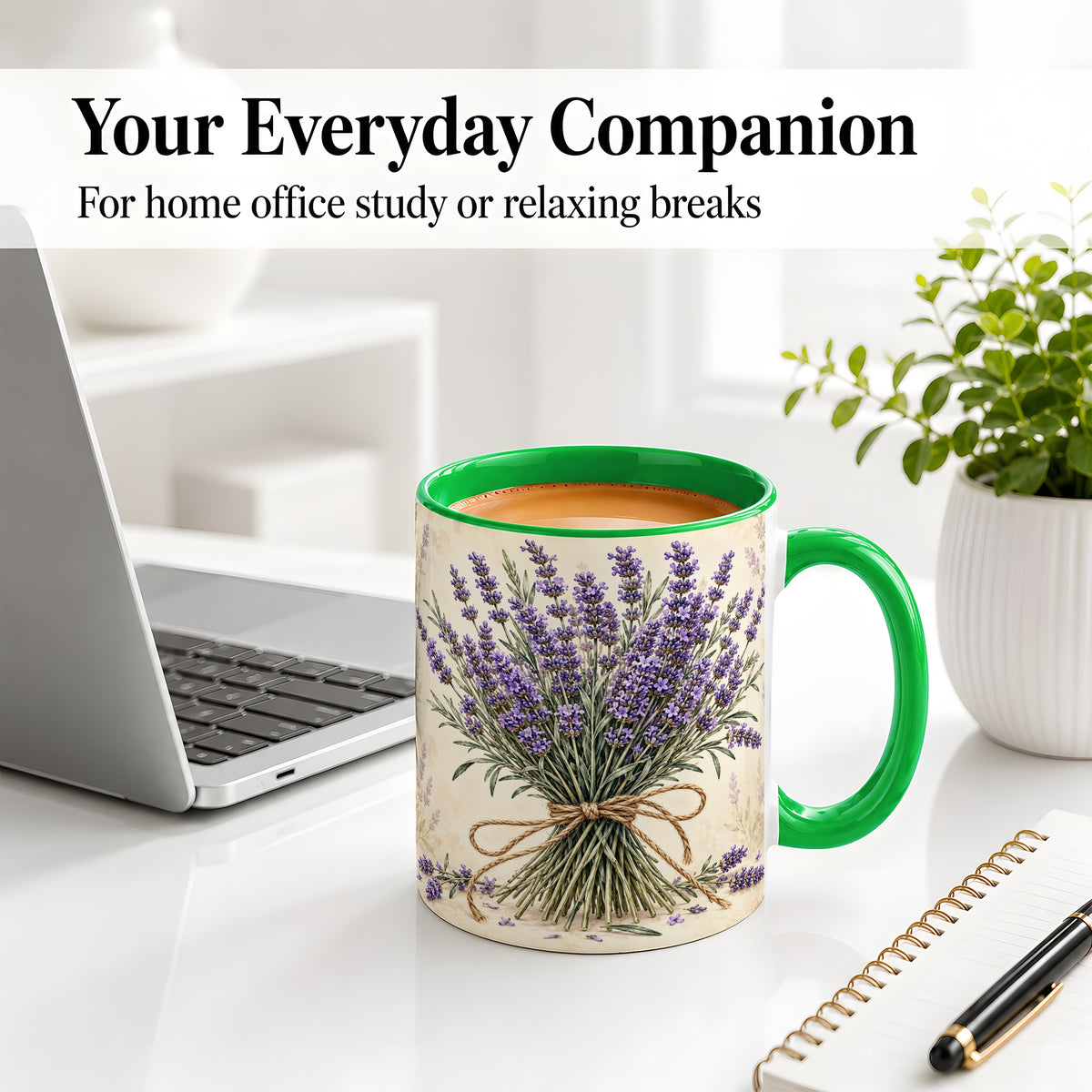 #pl[11oz|Green] Lavender Bouquet Accent Mug, Ceramic Drinkware for Lavender Lovers