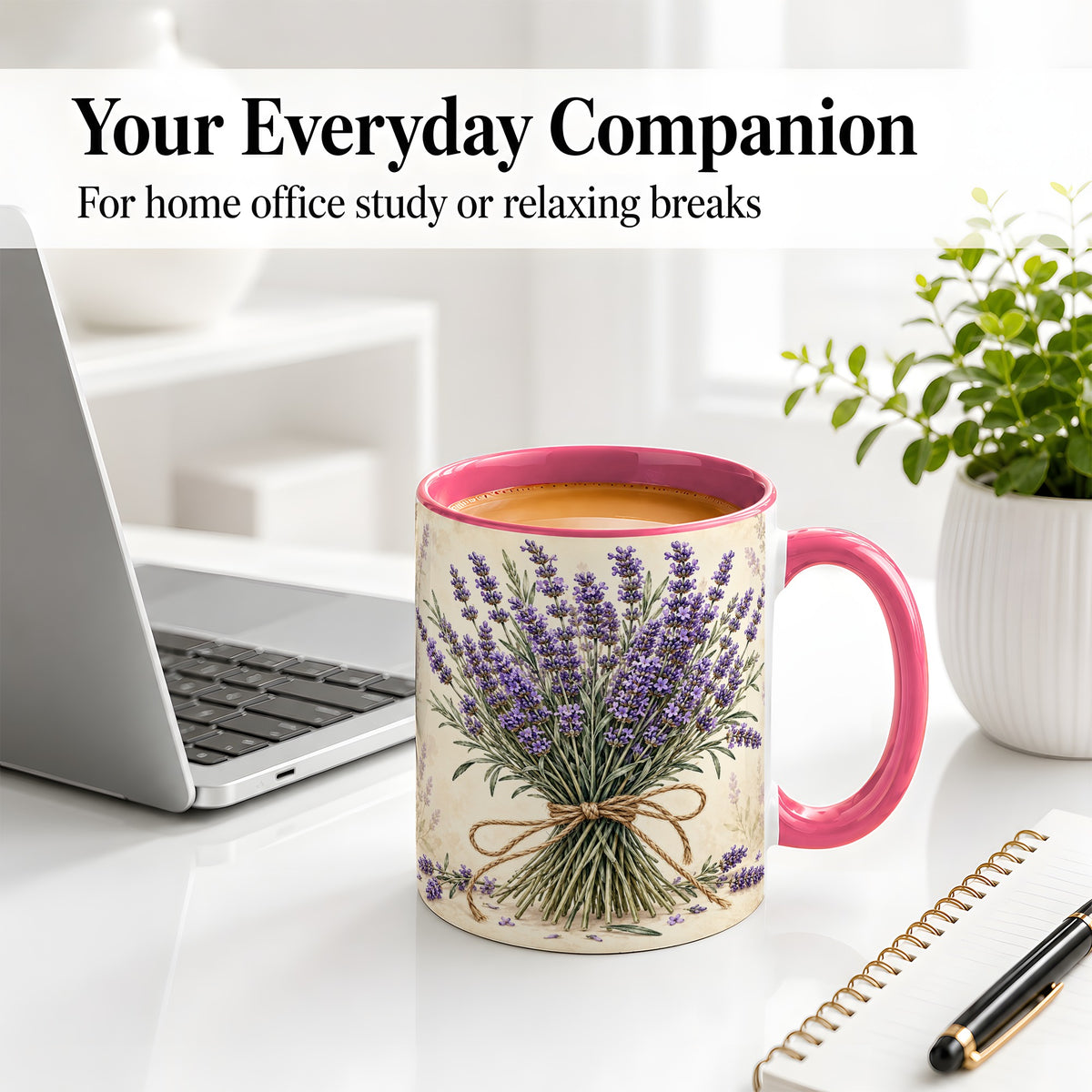 #pl[11oz|Pink] Lavender Bouquet Accent Mug, Ceramic Drinkware for Lavender Lovers
