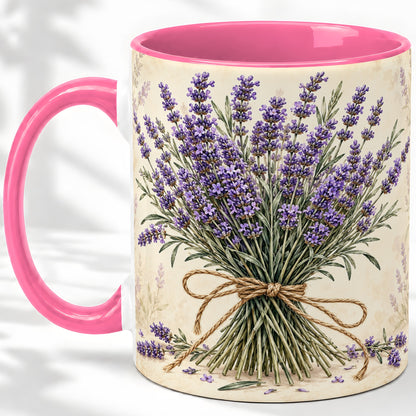 #pl[11oz|Pink] Lavender Bouquet Accent Mug, Ceramic Drinkware for Lavender Lovers