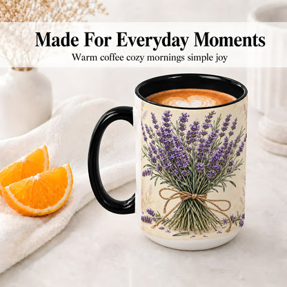 #pl[15oz|Black] Lavender Bouquet Accent Mug, Ceramic Drinkware for Lavender Lovers