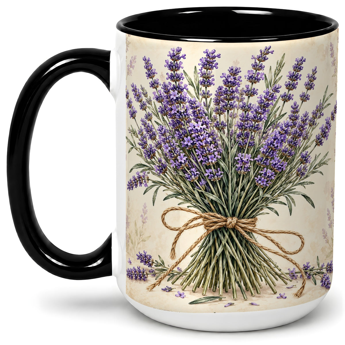 #pl[15oz|Black] Lavender Bouquet Accent Mug, Ceramic Drinkware for Lavender Lovers