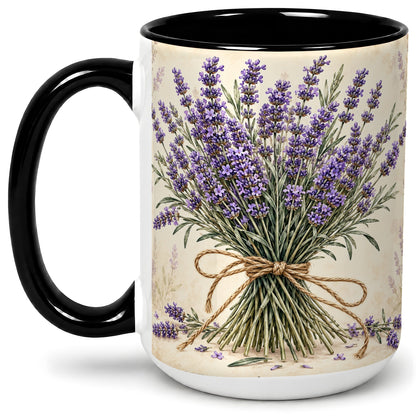 #pl[15oz|Black] Lavender Bouquet Accent Mug, Ceramic Drinkware for Lavender Lovers