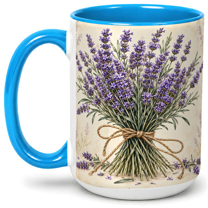 #pl[15oz|Blue] Lavender Bouquet Accent Mug, Ceramic Drinkware for Lavender Lovers