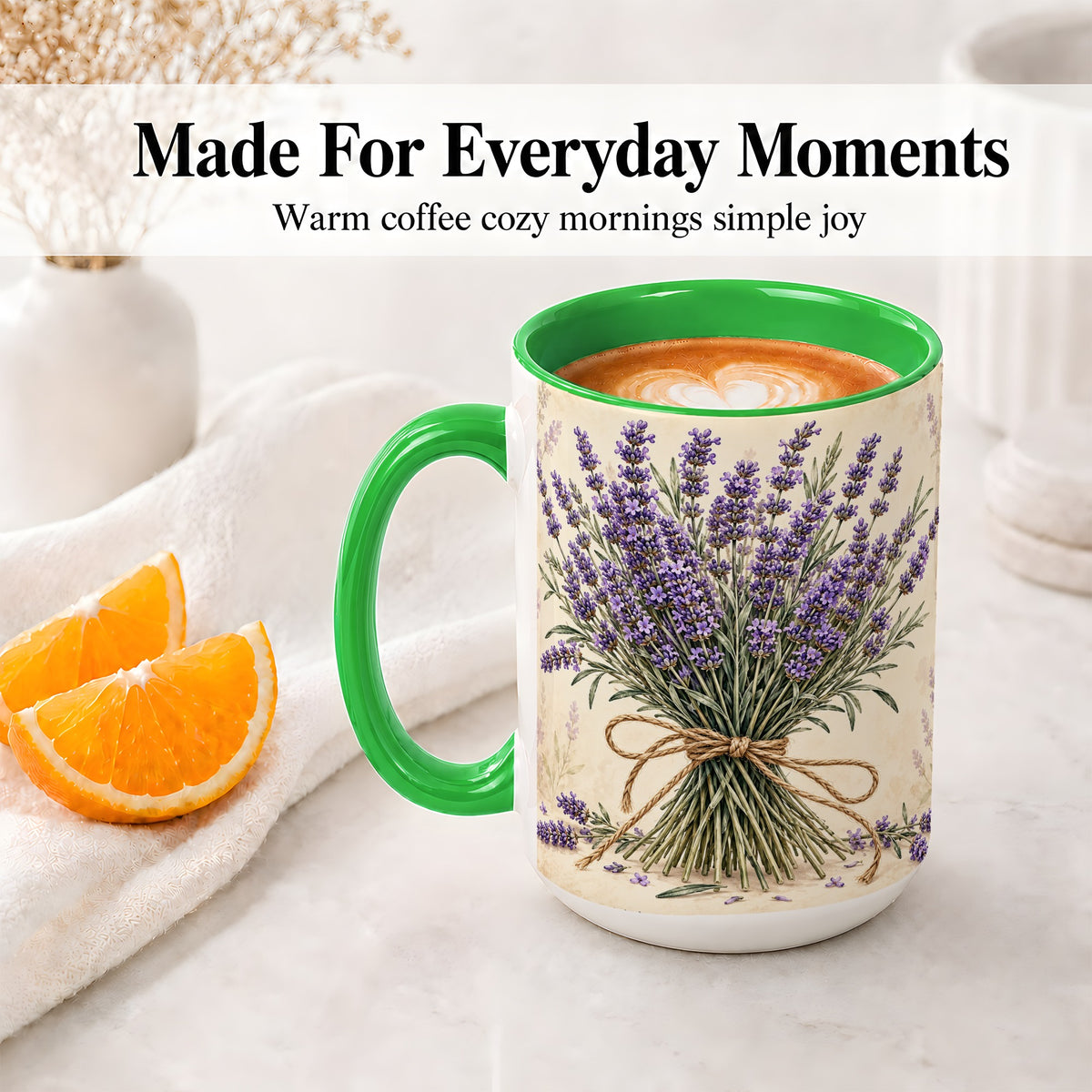 #pl[15oz|Green] Lavender Bouquet Accent Mug, Ceramic Drinkware for Lavender Lovers