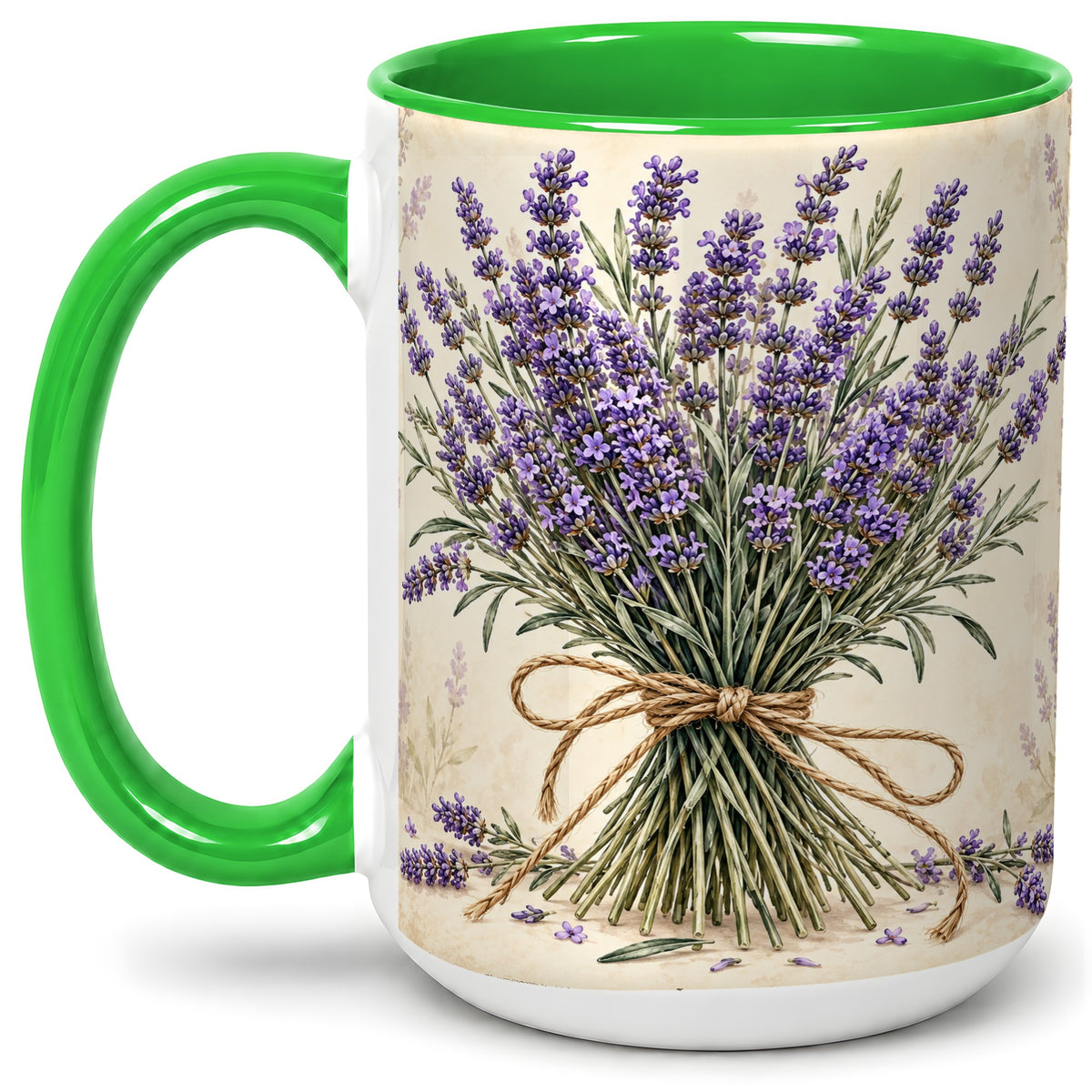 #pl[15oz|Green] Lavender Bouquet Accent Mug, Ceramic Drinkware for Lavender Lovers