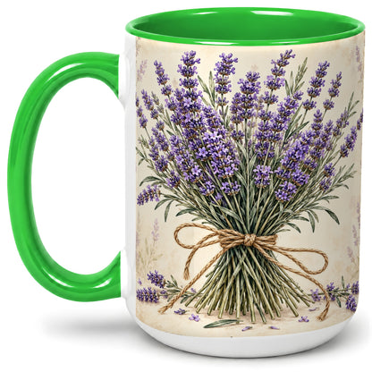 #pl[15oz|Green] Lavender Bouquet Accent Mug, Ceramic Drinkware for Lavender Lovers