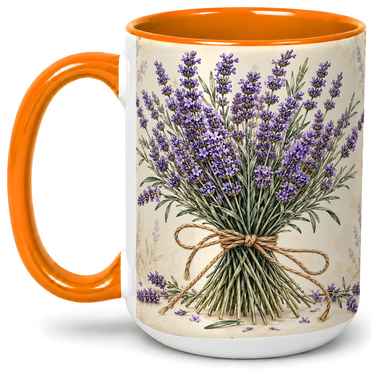 #pl[15oz|Orange] Lavender Bouquet Accent Mug, Ceramic Drinkware for Lavender Lovers