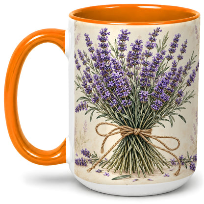 #pl[15oz|Orange] Lavender Bouquet Accent Mug, Ceramic Drinkware for Lavender Lovers