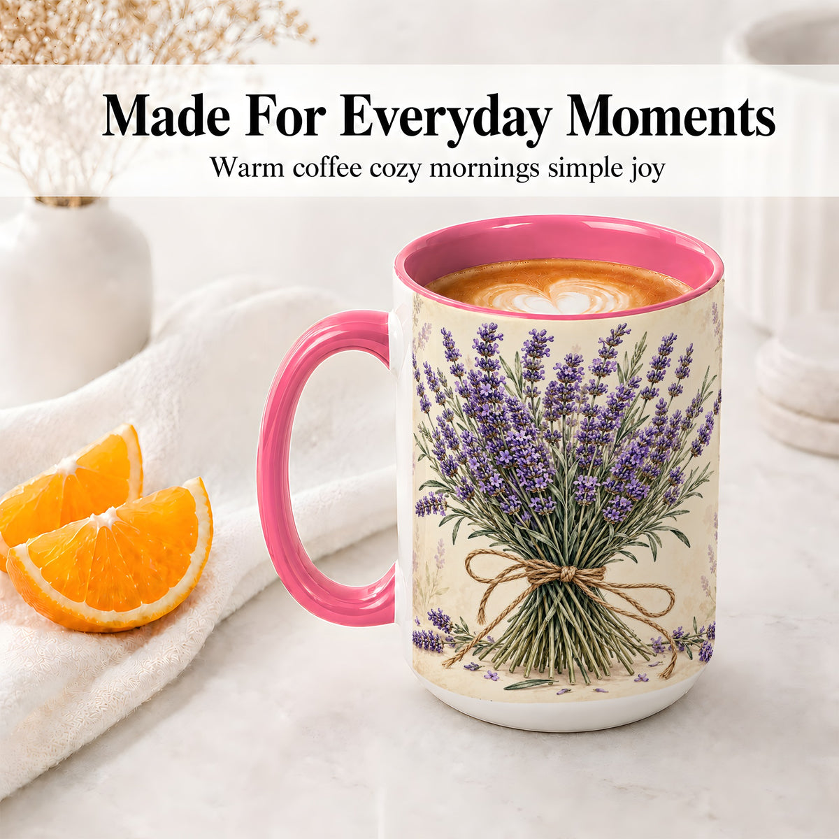 #pl[15oz|Pink] Lavender Bouquet Accent Mug, Ceramic Drinkware for Lavender Lovers