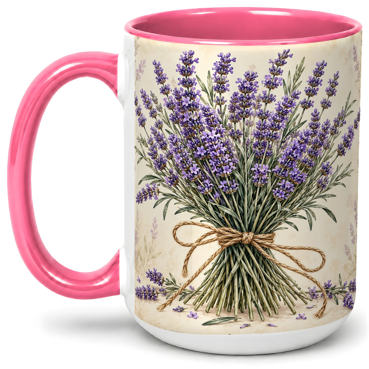 #pl[15oz|Pink] Lavender Bouquet Accent Mug, Ceramic Drinkware for Lavender Lovers