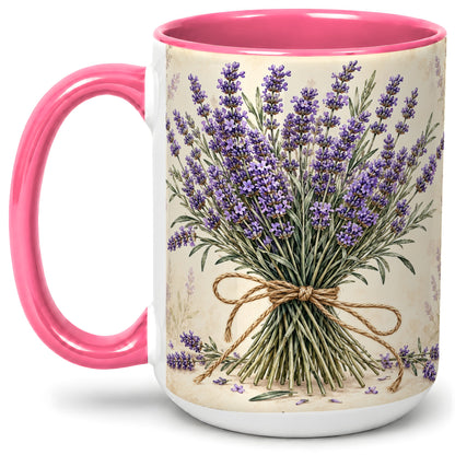 #pl[15oz|Pink] Lavender Bouquet Accent Mug, Ceramic Drinkware for Lavender Lovers