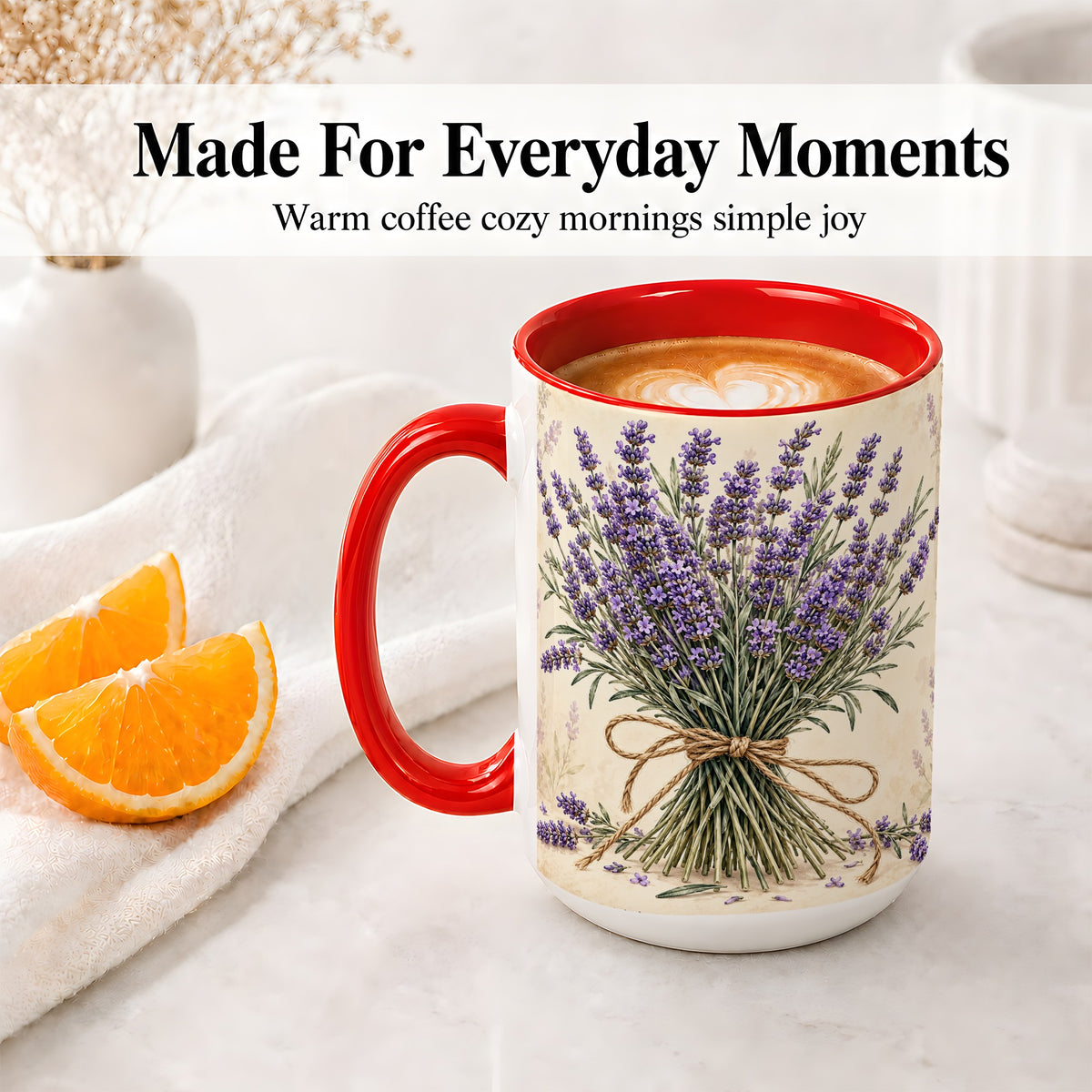 #pl[15oz|Red] Lavender Bouquet Accent Mug, Ceramic Drinkware for Lavender Lovers