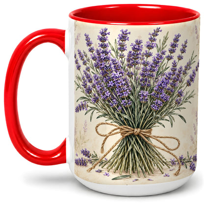 #pl[15oz|Red] Lavender Bouquet Accent Mug, Ceramic Drinkware for Lavender Lovers