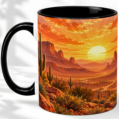 #pl[11oz|Black] Desert Sunset Coffee Mug, Ceramic Mug with Cactus Landscape Art