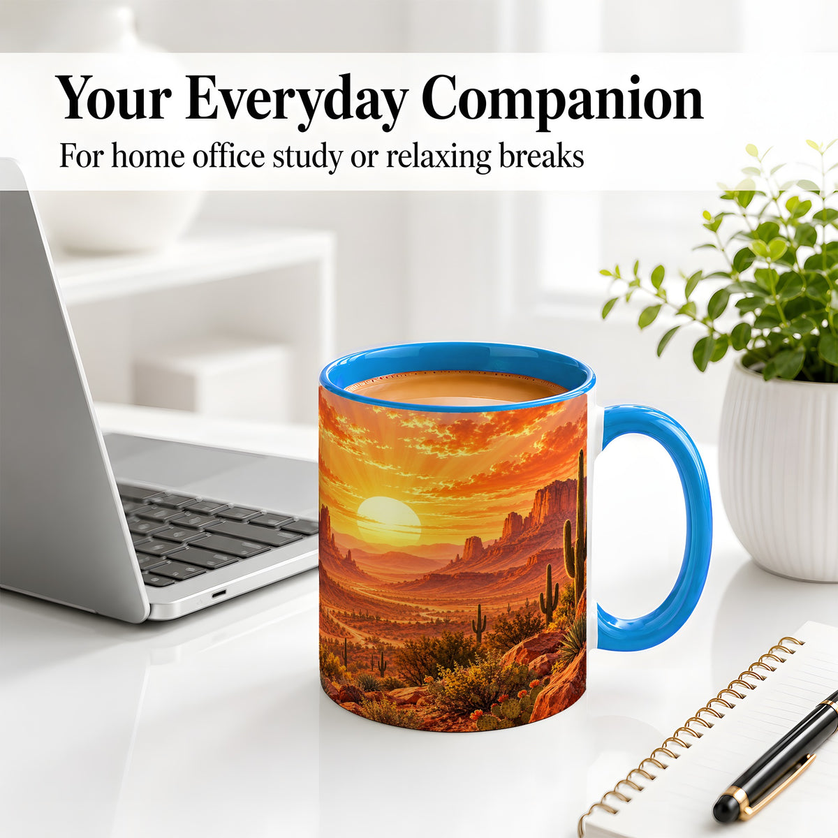 #pl[11oz|Blue] Desert Sunset Coffee Mug, Ceramic Mug with Cactus Landscape Art