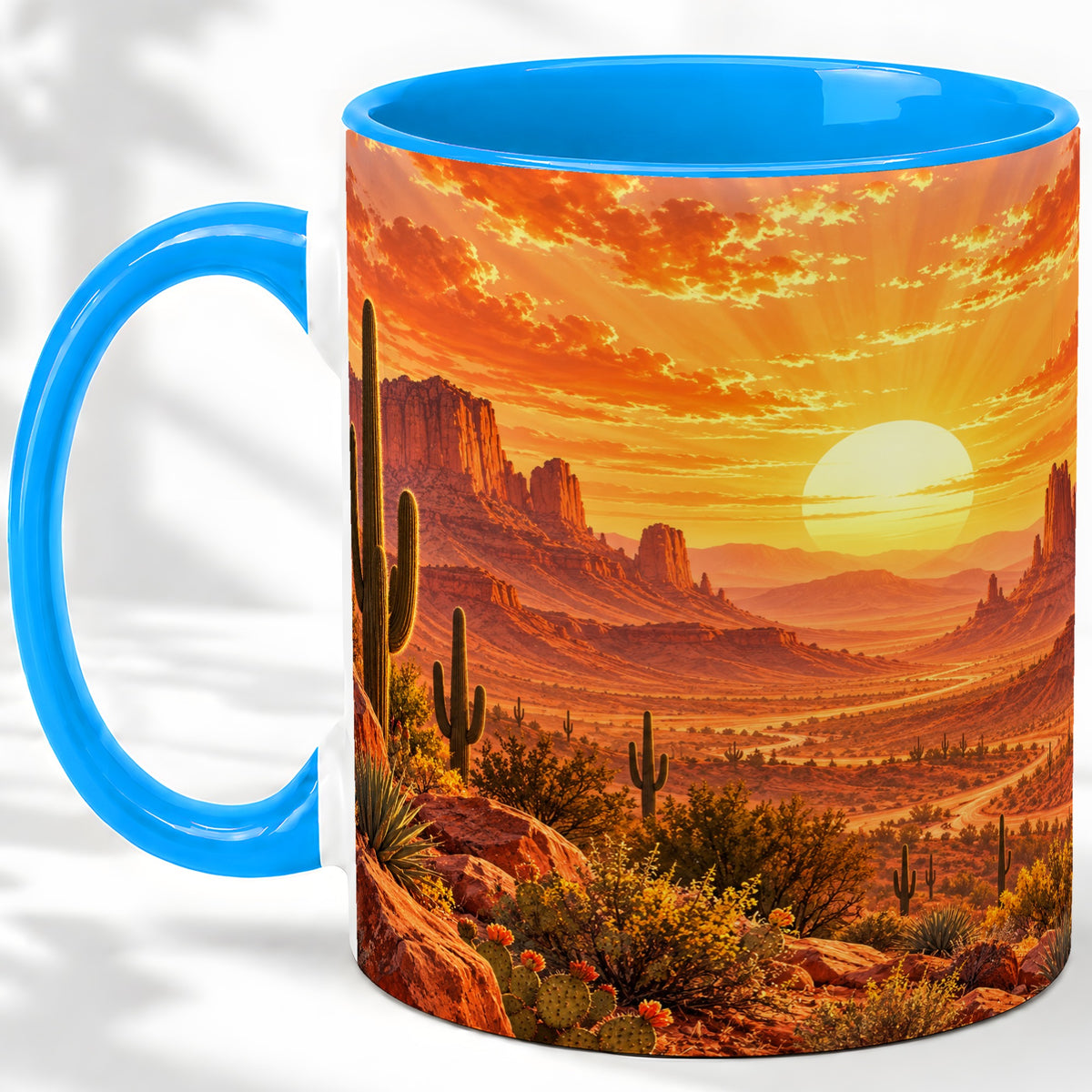 #pl[11oz|Blue] Desert Sunset Coffee Mug, Ceramic Mug with Cactus Landscape Art