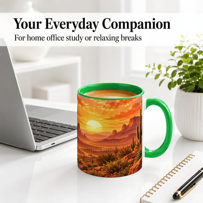 #pl[11oz|Green] Desert Sunset Coffee Mug, Ceramic Mug with Cactus Landscape Art