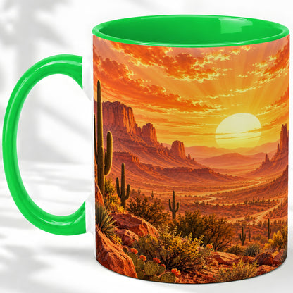 #pl[11oz|Green] Desert Sunset Coffee Mug, Ceramic Mug with Cactus Landscape Art
