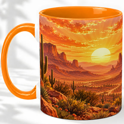 #pl[11oz|Orange] Desert Sunset Coffee Mug, Ceramic Mug with Cactus Landscape Art