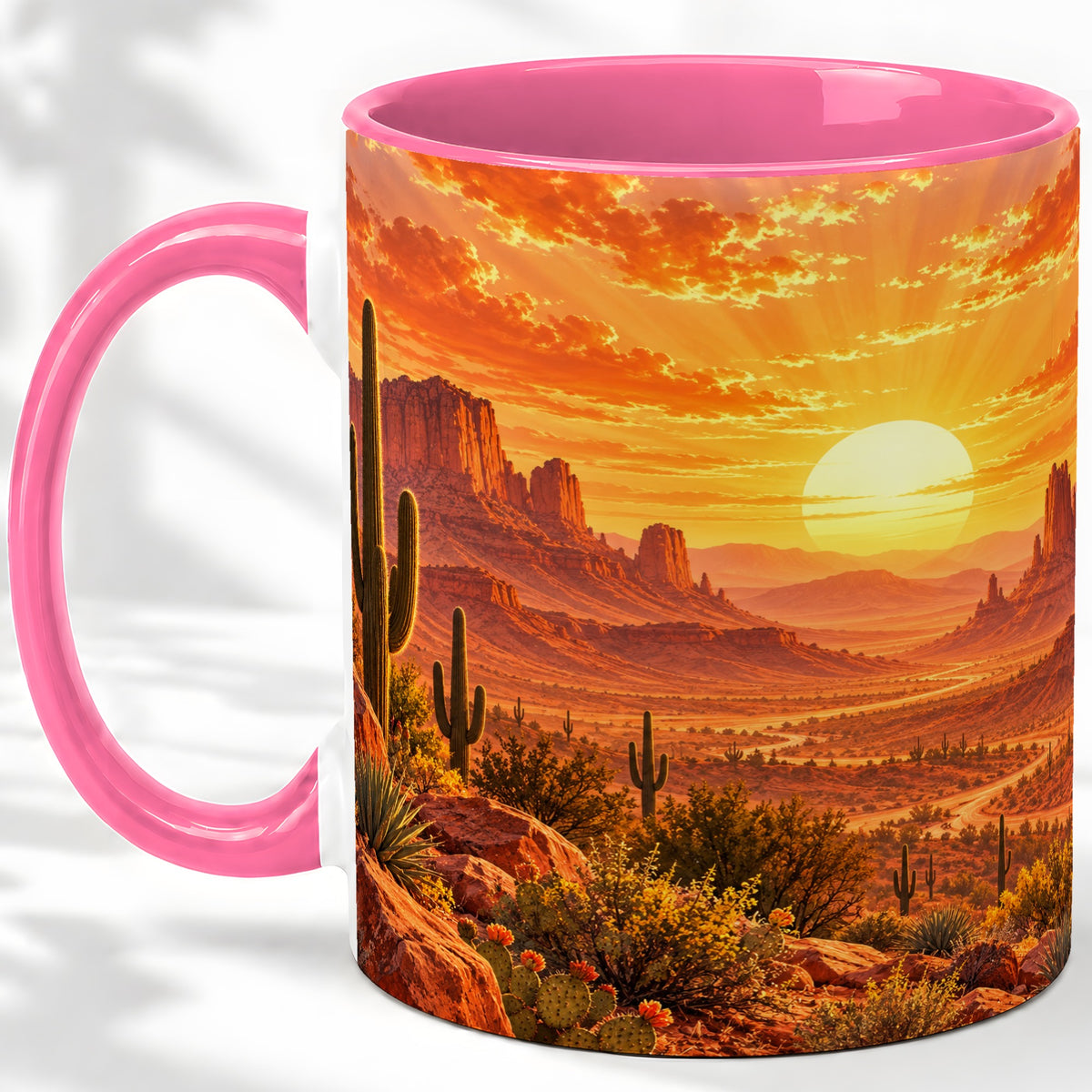 #pl[11oz|Pink] Desert Sunset Coffee Mug, Ceramic Mug with Cactus Landscape Art