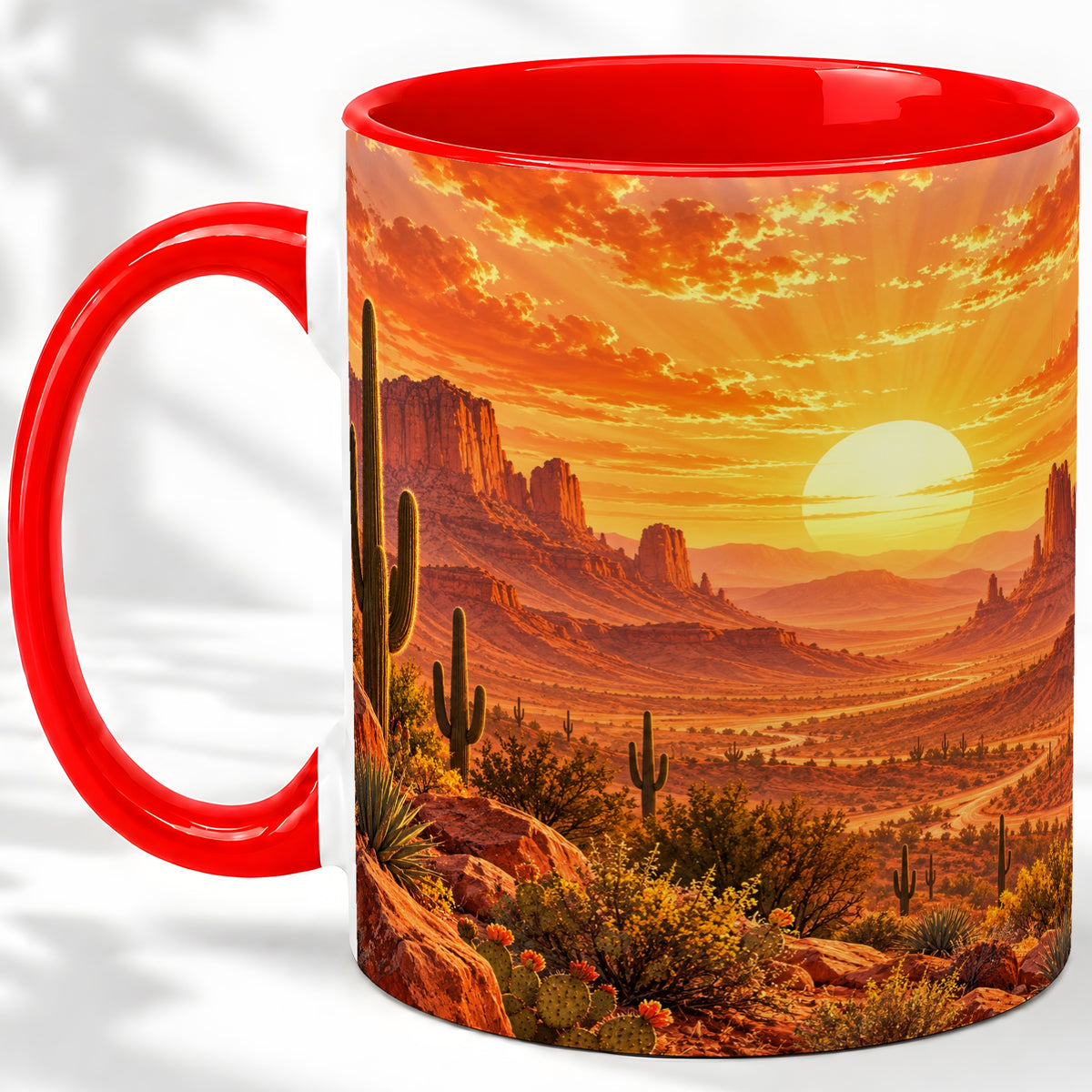Desert Sunset Coffee Mug, Ceramic Mug with Cactus Landscape Art