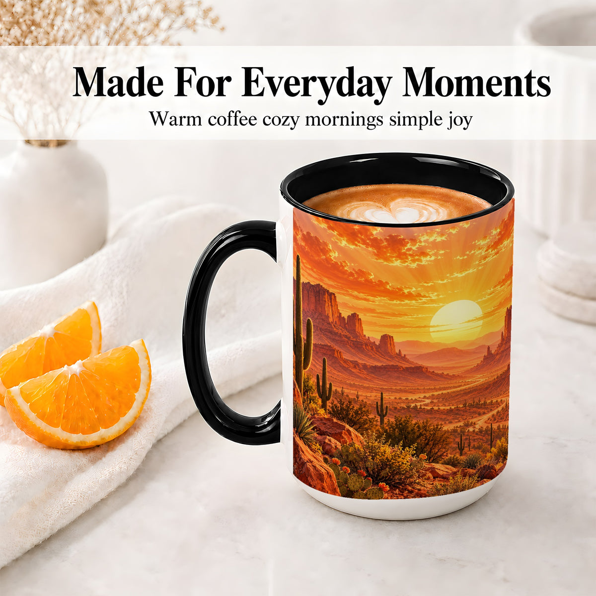 #pl[15oz|Black] Desert Sunset Coffee Mug, Ceramic Mug with Cactus Landscape Art