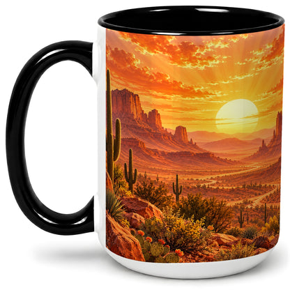 #pl[15oz|Black] Desert Sunset Coffee Mug, Ceramic Mug with Cactus Landscape Art