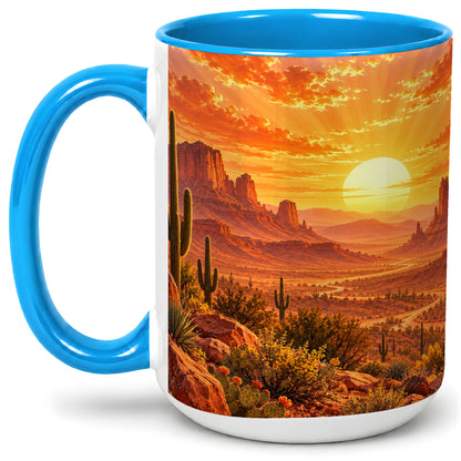 #pl[15oz|Blue] Desert Sunset Coffee Mug, Ceramic Mug with Cactus Landscape Art