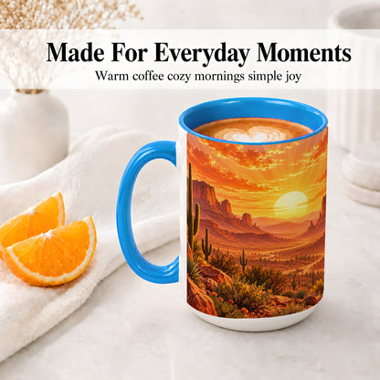 #pl[15oz|Blue] Desert Sunset Coffee Mug, Ceramic Mug with Cactus Landscape Art