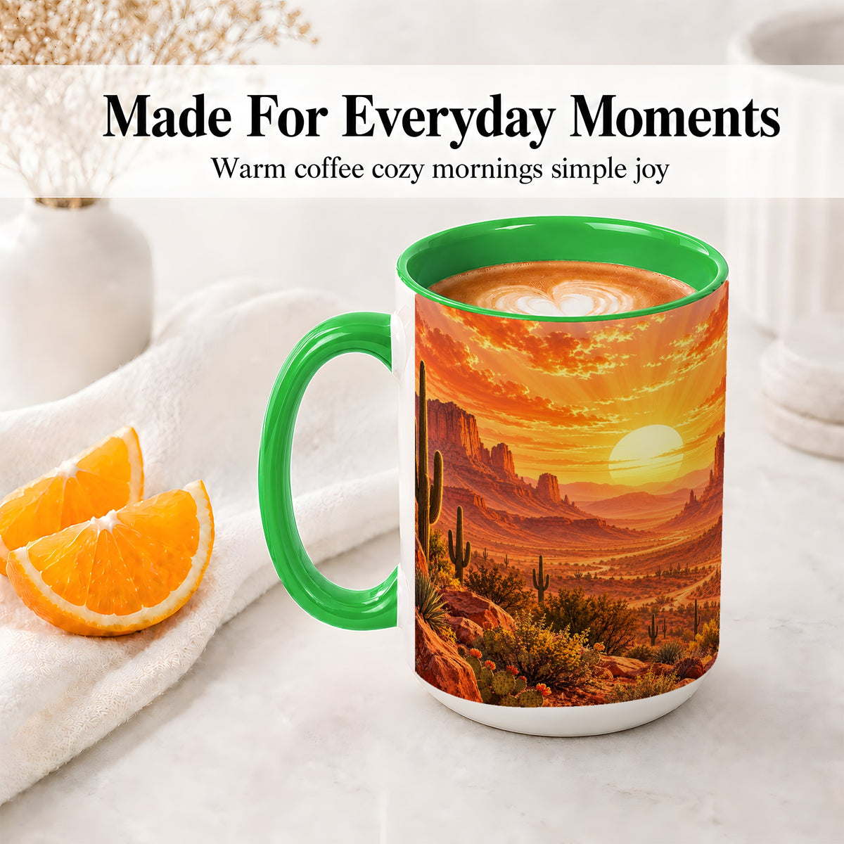 #pl[15oz|Green] Desert Sunset Coffee Mug, Ceramic Mug with Cactus Landscape Art