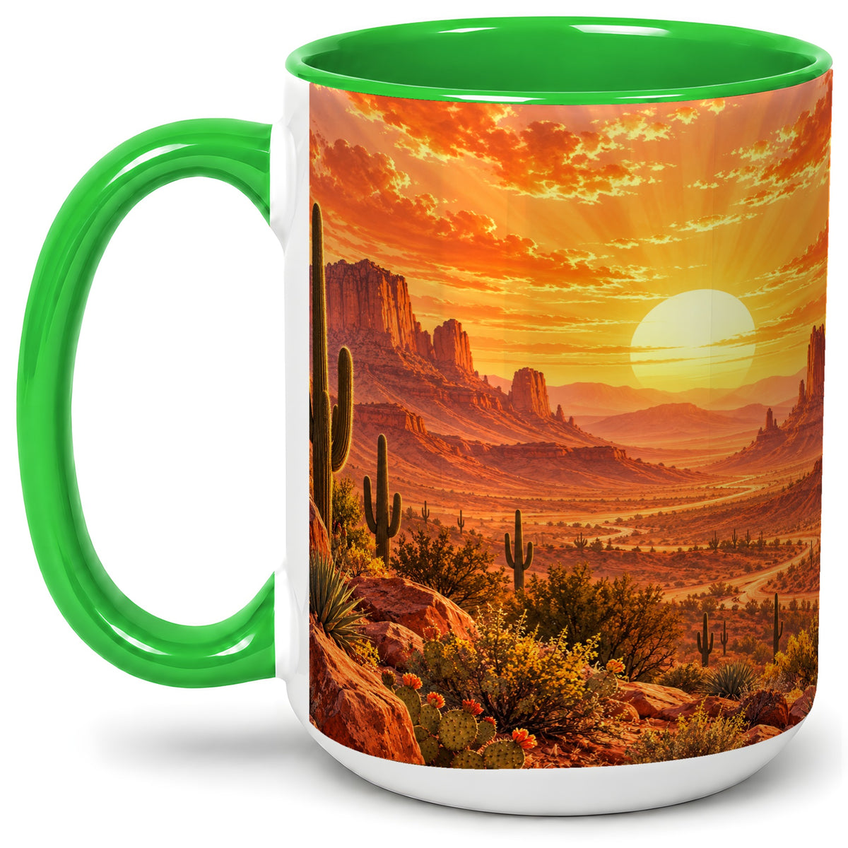 #pl[15oz|Green] Desert Sunset Coffee Mug, Ceramic Mug with Cactus Landscape Art