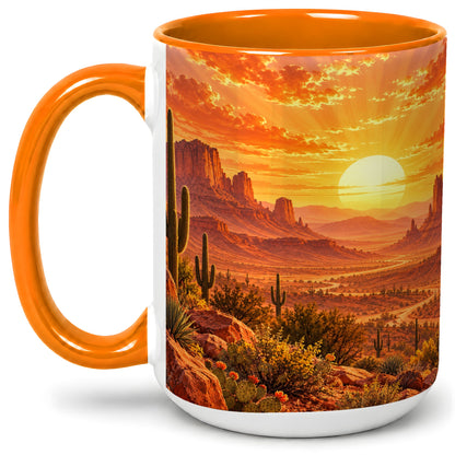 #pl[15oz|Orange] Desert Sunset Coffee Mug, Ceramic Mug with Cactus Landscape Art