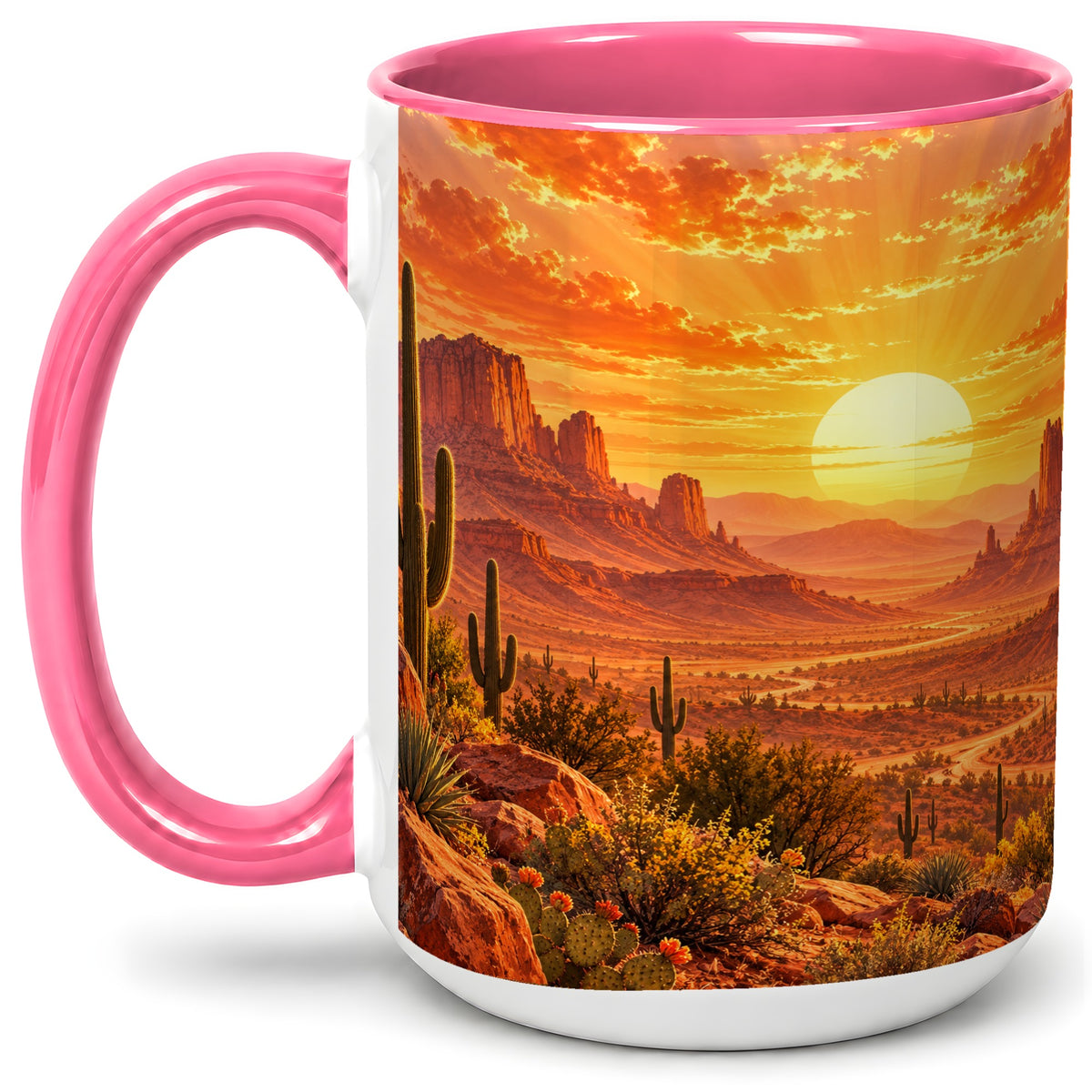 #pl[15oz|Pink] Desert Sunset Coffee Mug, Ceramic Mug with Cactus Landscape Art