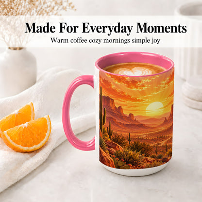 #pl[15oz|Pink] Desert Sunset Coffee Mug, Ceramic Mug with Cactus Landscape Art