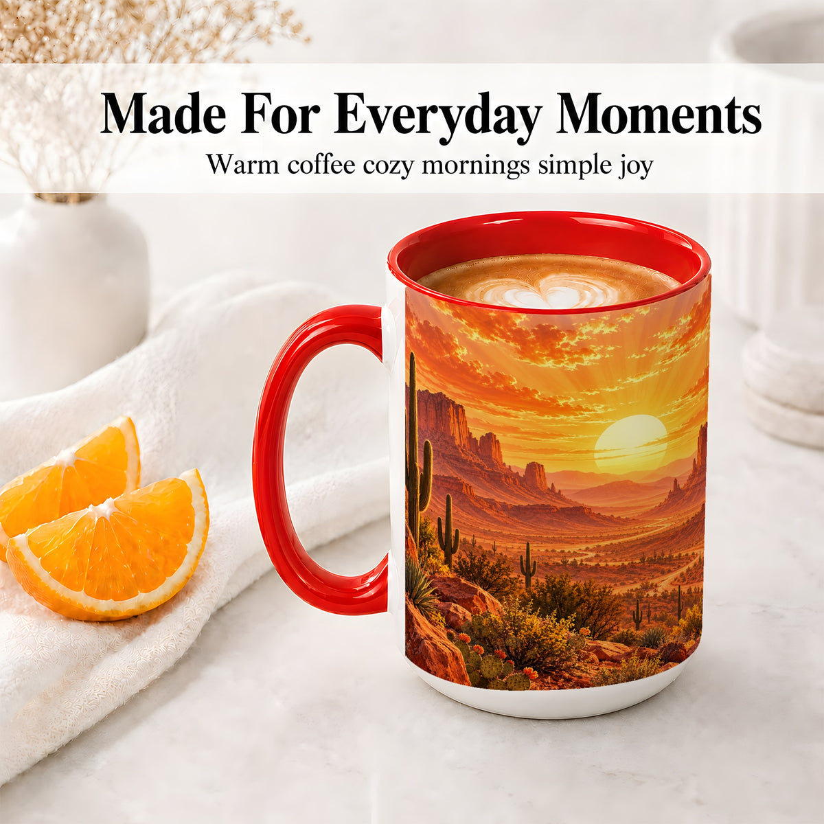#pl[15oz|Red] Desert Sunset Coffee Mug, Ceramic Mug with Cactus Landscape Art