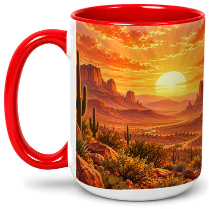 #pl[15oz|Red] Desert Sunset Coffee Mug, Ceramic Mug with Cactus Landscape Art