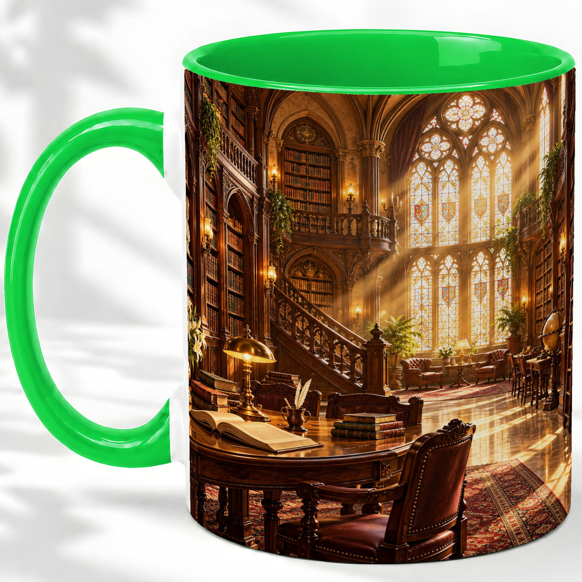 #pl[11oz|Green] Gothic Library Coffee Mug, Ceramic Mug with Vintage Book Artwork