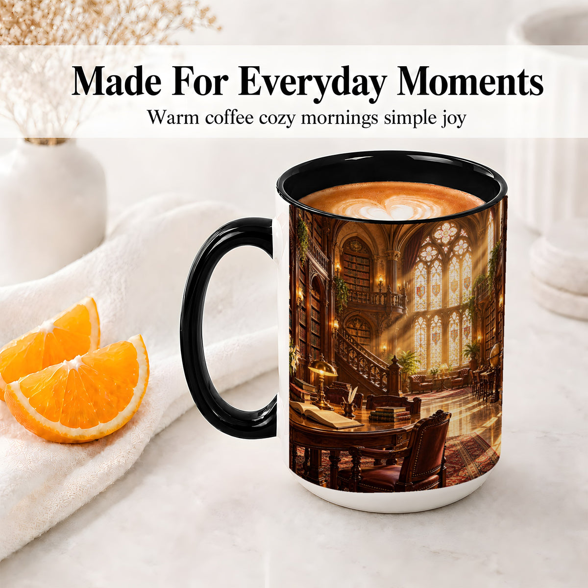 #pl[15oz|Black] Gothic Library Coffee Mug, Ceramic Mug with Vintage Book Artwork