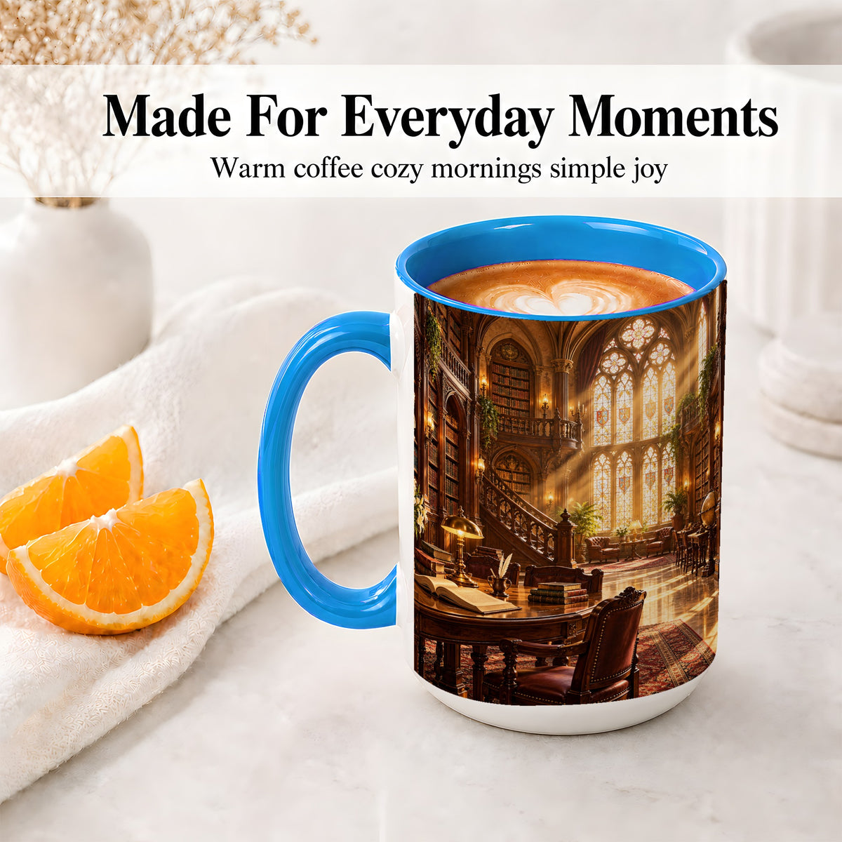 #pl[15oz|Blue] Gothic Library Coffee Mug, Ceramic Mug with Vintage Book Artwork