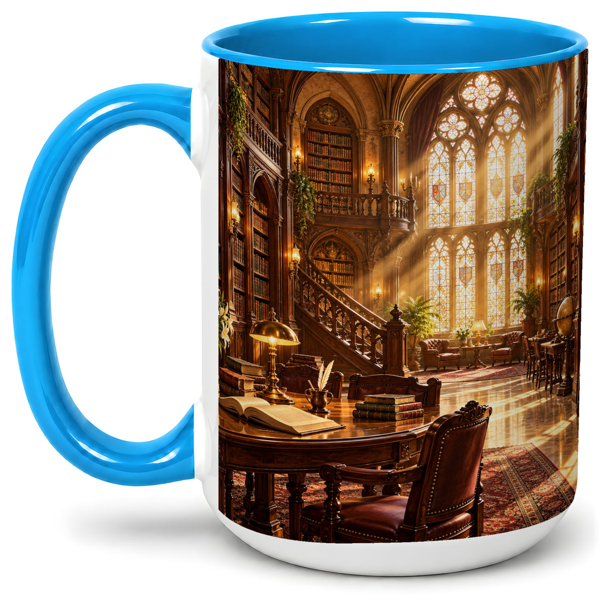 #pl[15oz|Blue] Gothic Library Coffee Mug, Ceramic Mug with Vintage Book Artwork