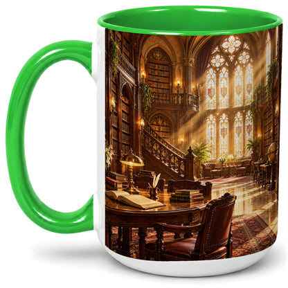 #pl[15oz|Green] Gothic Library Coffee Mug, Ceramic Mug with Vintage Book Artwork